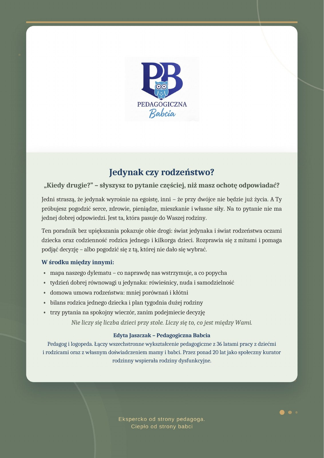Tylna okładka e-booka „Jedynak czy rodzeństwo?” z opisem poradnika