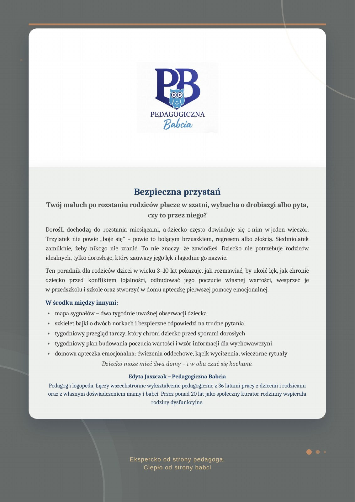 Tylna okładka e-booka „Bezpieczna przystań” z opisem poradnika