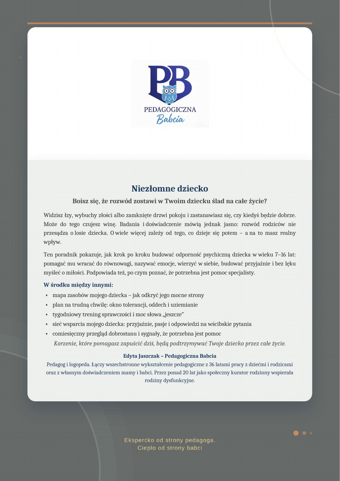 Tylna okładka e-booka „Niezłomne dziecko” z opisem poradnika